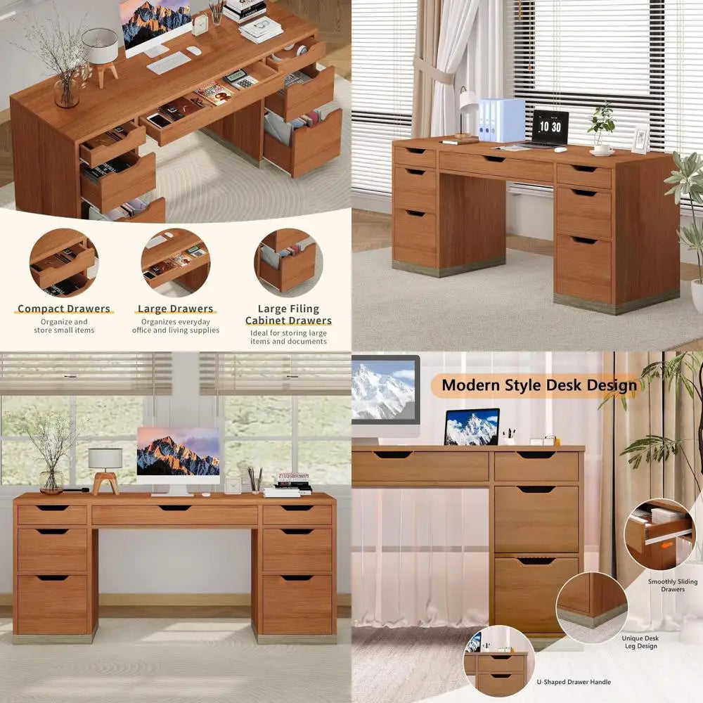 54 Inch Executive Desk with 7 Drawers, Ideal for Home Office, Study, or Bedroom, Compact for Small Spaces (Brown )