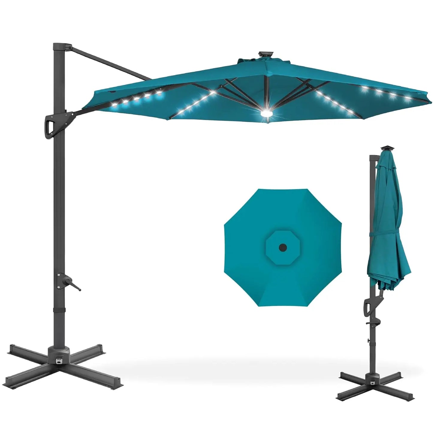 10ft Solar LED Cantilever Patio Umbrella, 360-Degree Rotation Hanging Offset Market Outdoor Sun Shade for Backyard,, Customized
