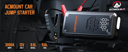 3000A Car Jump Starter with Air Compressor, 150PSI Tire Inflator,12V Battery Booster for 9.0L Gas/8.0L Diesel, LED Portable Pack