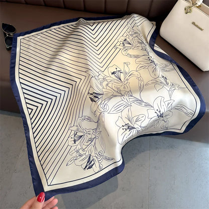 2025 New Fashion Women Silk Scarf 70cm Square Scarves Floral Print Bandana Neckerchief Hijab Lady Luxury