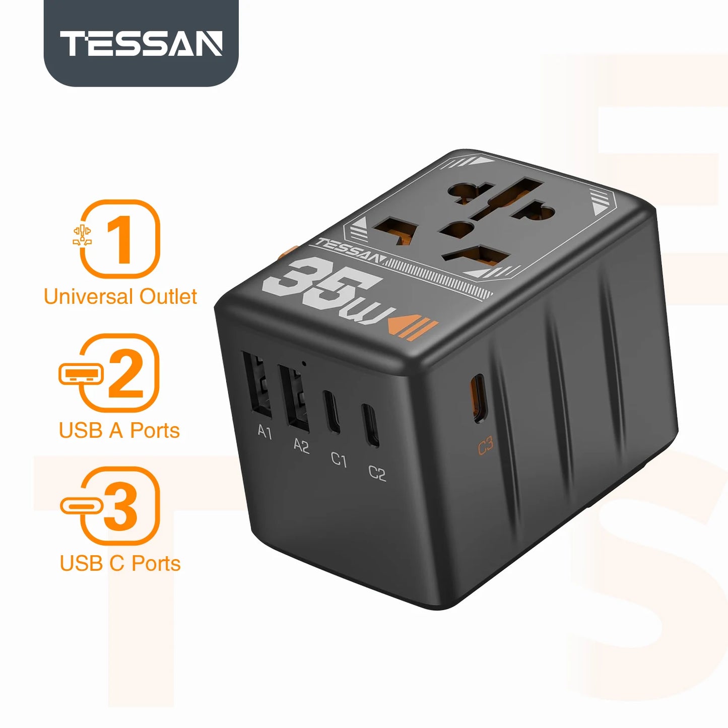 TESSAN International Plug Adaptor GaN Travel Adapter with Universal Outlet 1 USB A 3 Type C Fast Charger for EU/UK/USA/AUS