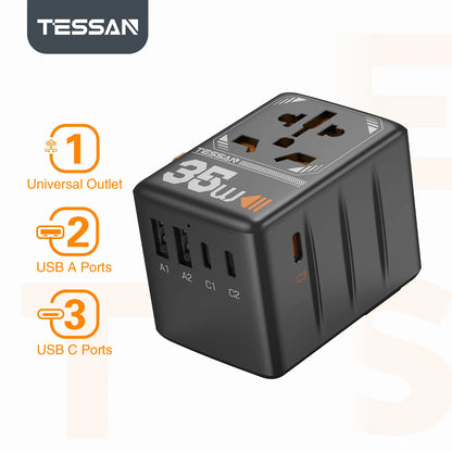 TESSAN International Plug Adaptor GaN Travel Adapter with Universal Outlet 1 USB A 3 Type C Fast Charger for EU/UK/USA/AUS