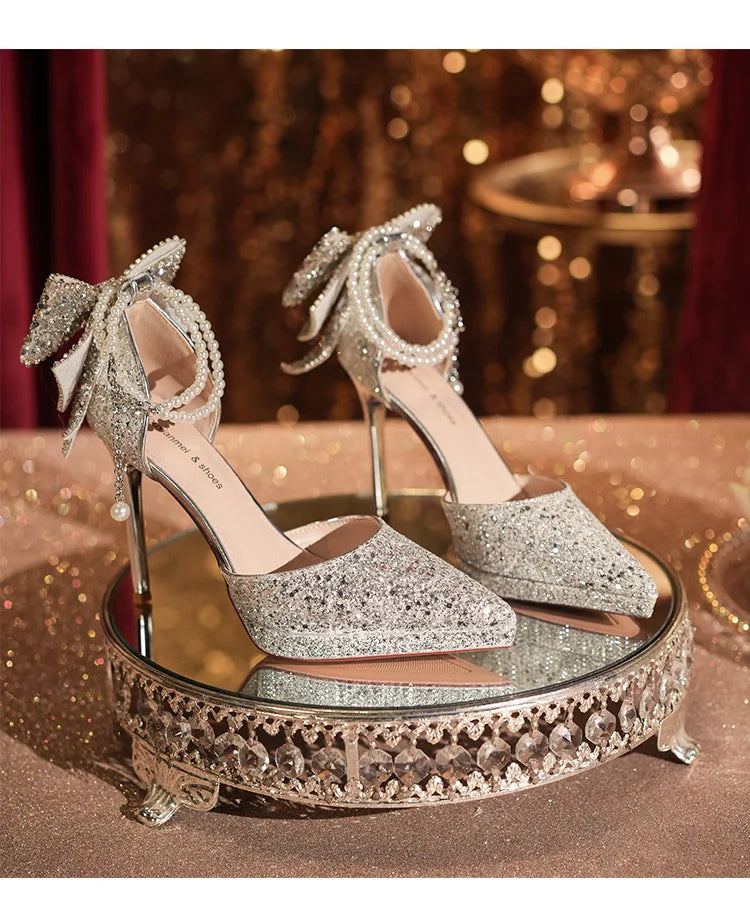 Shiny Glitter Bow Pearl Chain High Heels Wedding Banquet Dress Wedding Shoes Women's Shoes