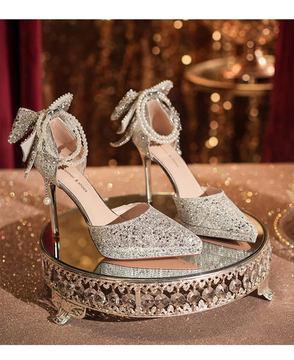 Shiny Glitter Bow Pearl Chain High Heels Wedding Banquet Dress Wedding Shoes Women's Shoes