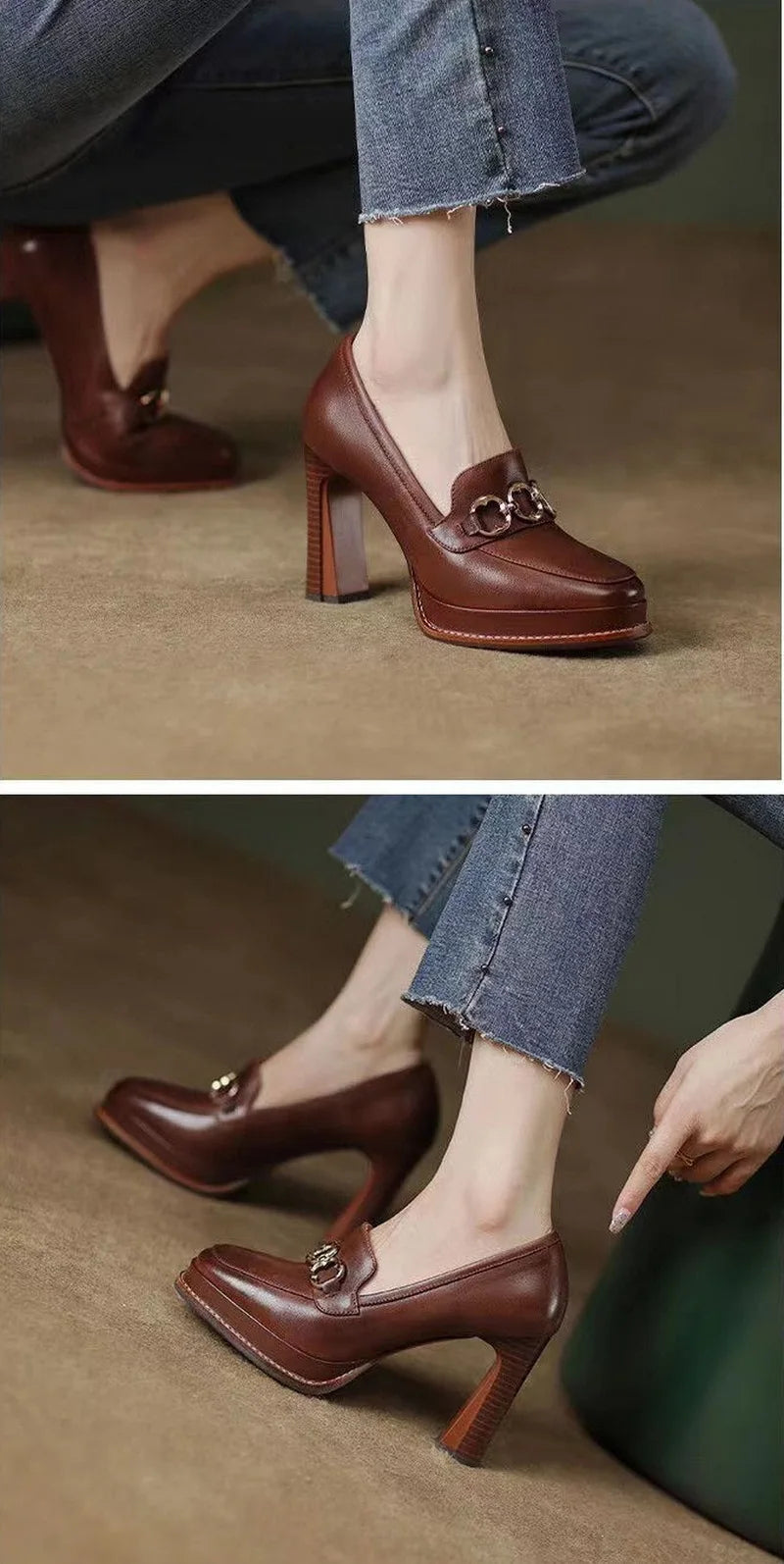Split Cowhide Leather Shoes,Women Platform Block High Heels,Square Toe, Slip On,Retro Style,Brown,Black,Size 34-39,Dropship