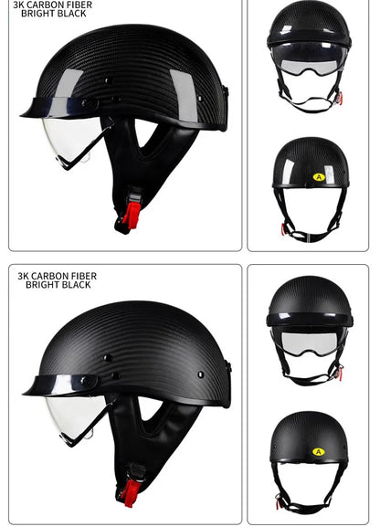    Best Seller Carbon Fiber Retro Motorcycle Half Face Helmet with Comfortable Lining Protective Goggles Helmet Factory Wholesale