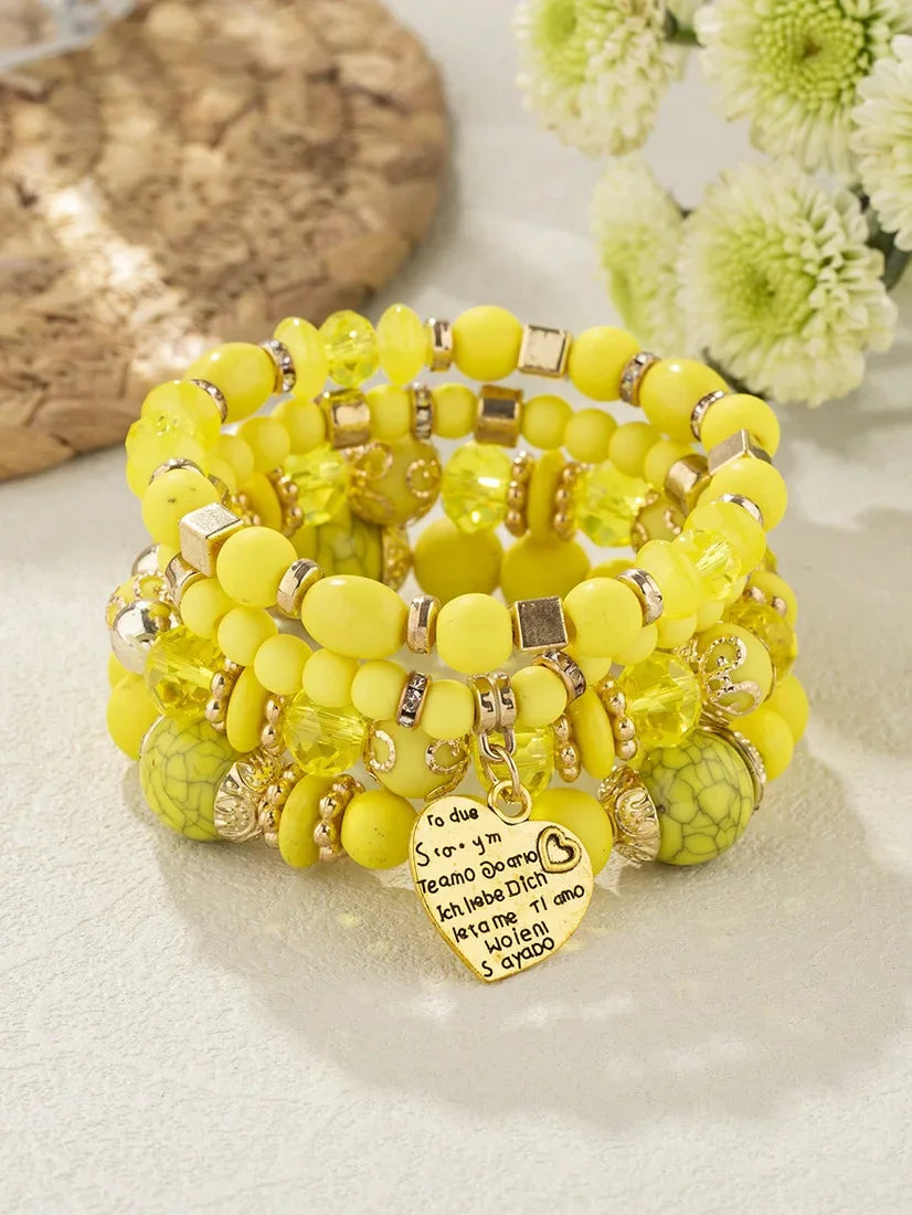 4Pcs Bohemia Acrylic Beaded Bracelet Set For Women Solid Heart Charm Elastic Chain Bangle Men Retro Daily Wear Jewelry Gift