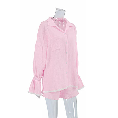 Casual Crape Cotton Pink Two Pieces Sets Women Lace Lantern Sleeve Shirts And Baggy Shorts Sleepwear Spring Summer