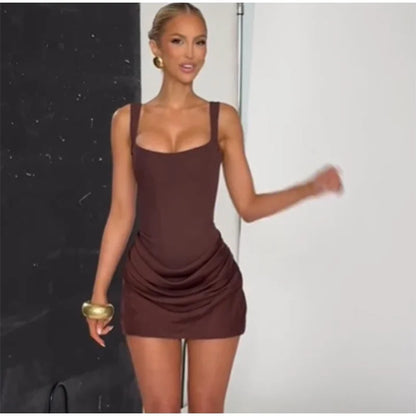 Sexy Square-neck Halter Mini Dress Women Pleated Sleeveless Backless High Waist Bodycon Dresses 2026 New Summer Lady Party Robes