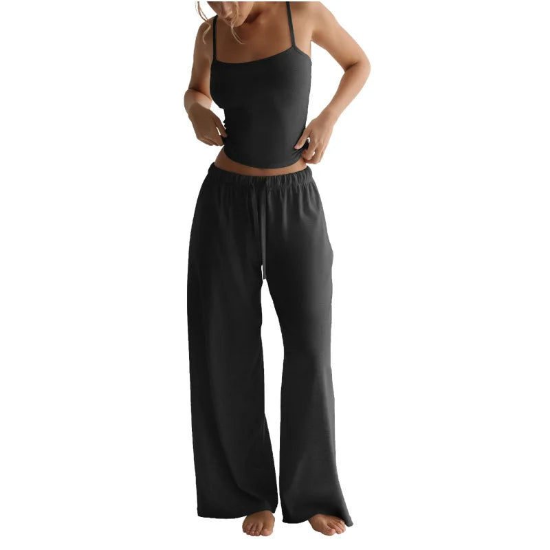 2026 Women's Summer Leisure Pants Outfits Fashion Solid Halter Tie-Up Backless Tank Tops Wide-Leg Pants 2 Pieces Set Streetwear