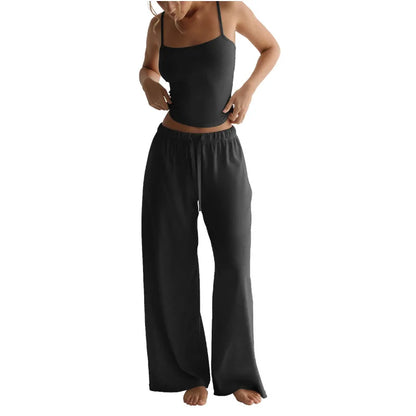 2026 Women's Summer Leisure Pants Outfits Fashion Solid Halter Tie-Up Backless Tank Tops Wide-Leg Pants 2 Pieces Set Streetwear