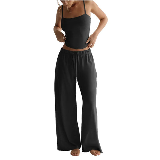 2026 Women's Summer Leisure Pants Outfits Fashion Solid Halter Tie-Up Backless Tank Tops Wide-Leg Pants 2 Pieces Set Streetwear