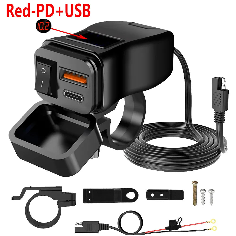 PD+QC3.0 Motorcycle USB Fast Charger 60W Handlebar Dual USB Socket with Switch Voltmeter Waterproof 12V Power Supply Adapter
