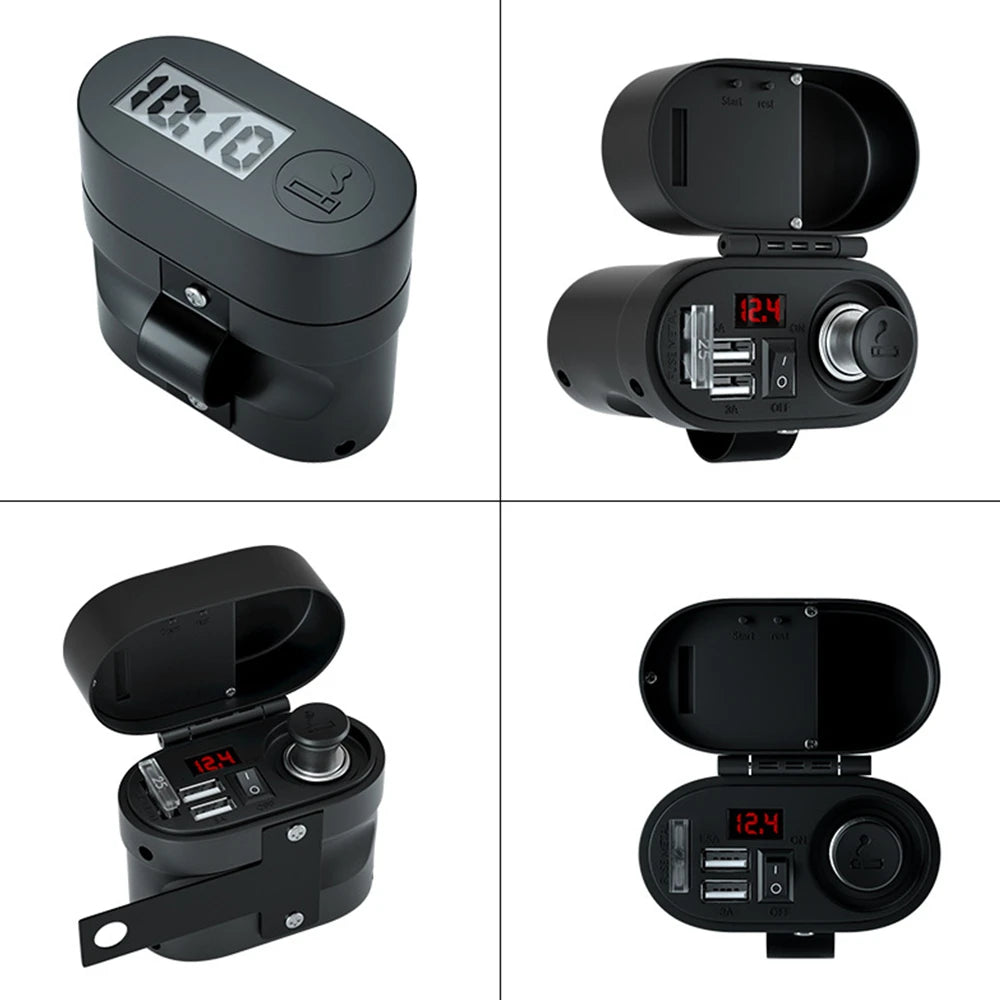 Moto Dual USB Port Adapter Multifunction Power Supply Quick Charging Cigarette Lighter Clock Voltmeter Motorcycle Accessories