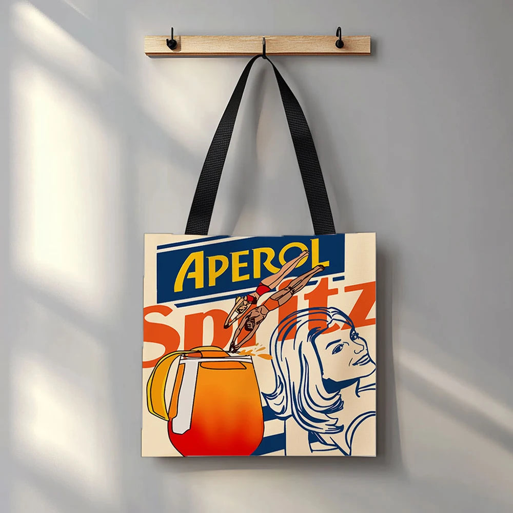 1pc Aperol Spritz Art Print Tote Bag Reusable Fabric Grocery Foldable Shopping Bag