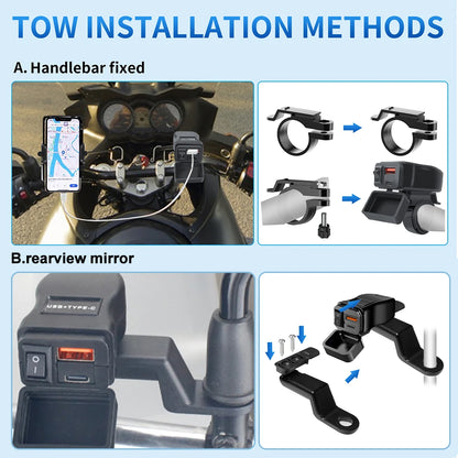 60W QC3.0+PD Motorcycle Handlebar & Rear Mirror With Digital Voltmeter Thermometer USB Socket Fast Charger Phone Power Adapter