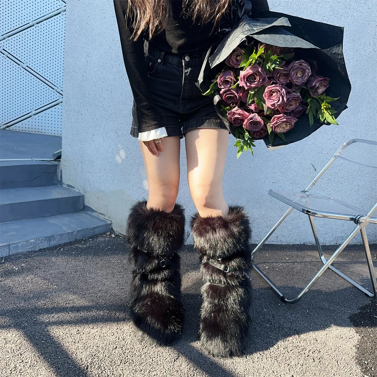 Faux Fur Knee-High Boot Round Toe Height Increasing Wild Winter Warmer Belt Buckle Slip-On Fashion Luxury Sexy Women Shoe Newest