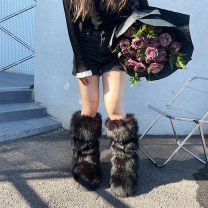 Faux Fur Knee-High Boot Round Toe Height Increasing Wild Winter Warmer Belt Buckle Slip-On Fashion Luxury Sexy Women Shoe Newest