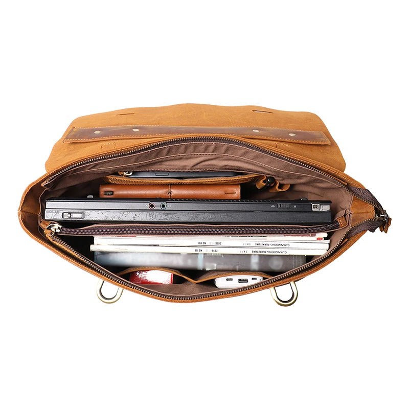 Leathfocus Vintage Leather Briefcase Fashion Design Men's Lightweight Crossbody Bag Men's Tote Handbag 15 inch Laptop Bags
