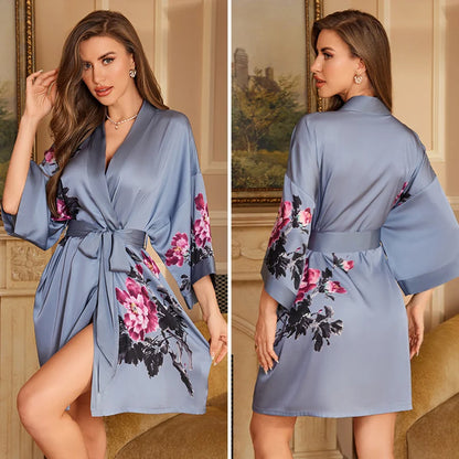 Navy Blue Print Flower Robe Nightgown Silk Satin Female Sleepwear Nightdress Spring Summer Loose Kimono Bathrobe Gown Home Wear