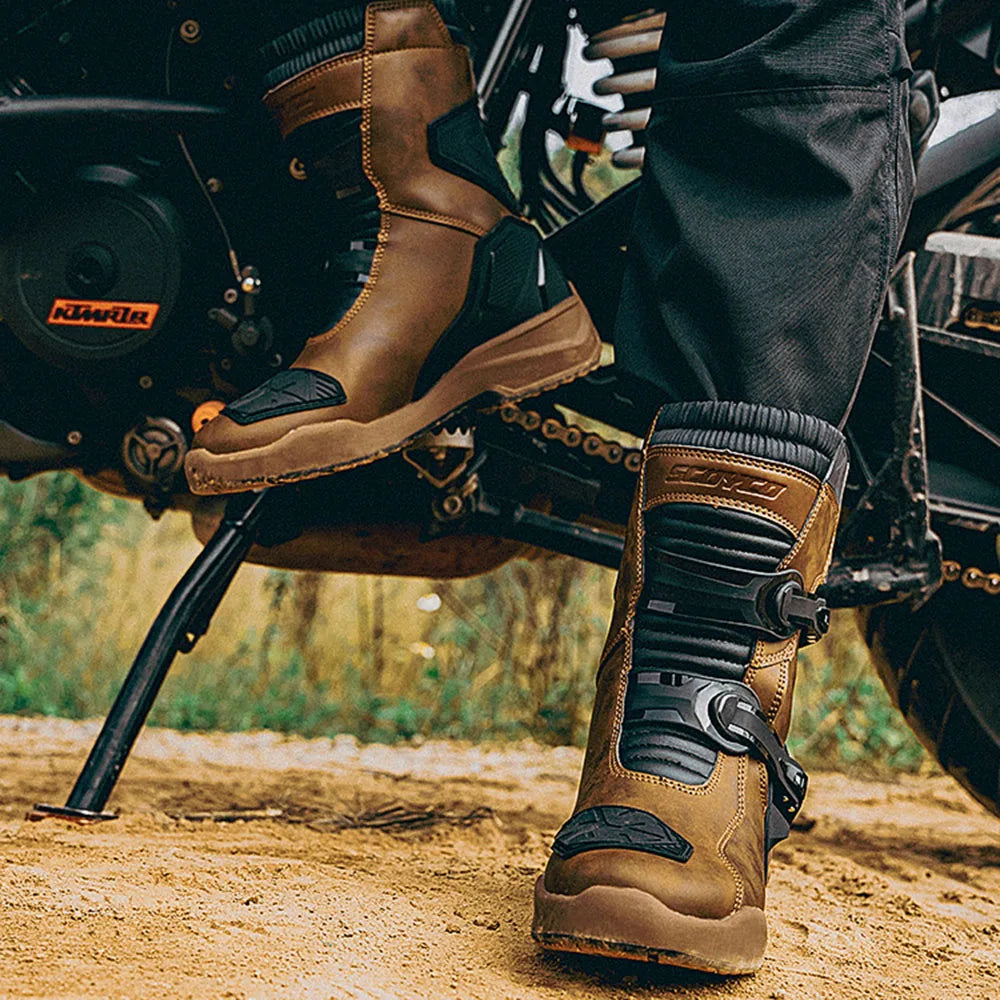 Retro Motorcycle Boots Cowhide Waterproof Mid-Calf Long riding Boots Men Women Riding Motocross Bota Motorbike Motocross Shoes