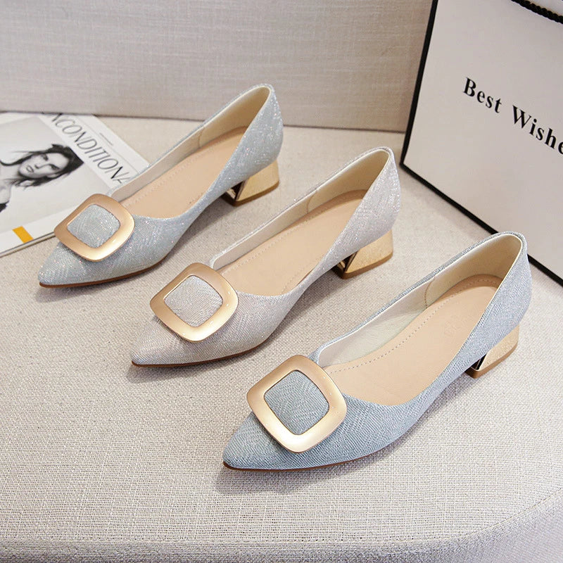 Womens Light Blue Glitter Pointed Toe Block Heel Pumps With Gold Square Buckle Detail Metallic Heel Elegant Dress Shoes Ladies