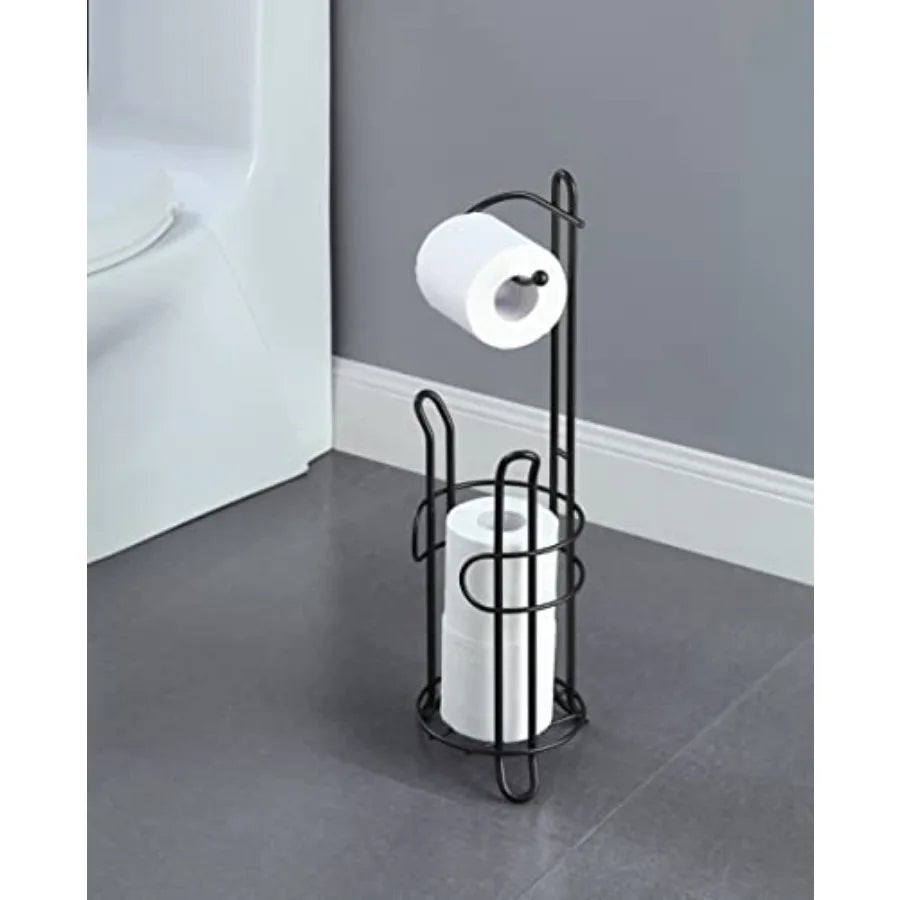 Freestanding Toilet Paper Holder with Storage Holds 3 Spare Rolls Heavy-Duty Steel Black Finish Easy Assembly Space-Saving Bath