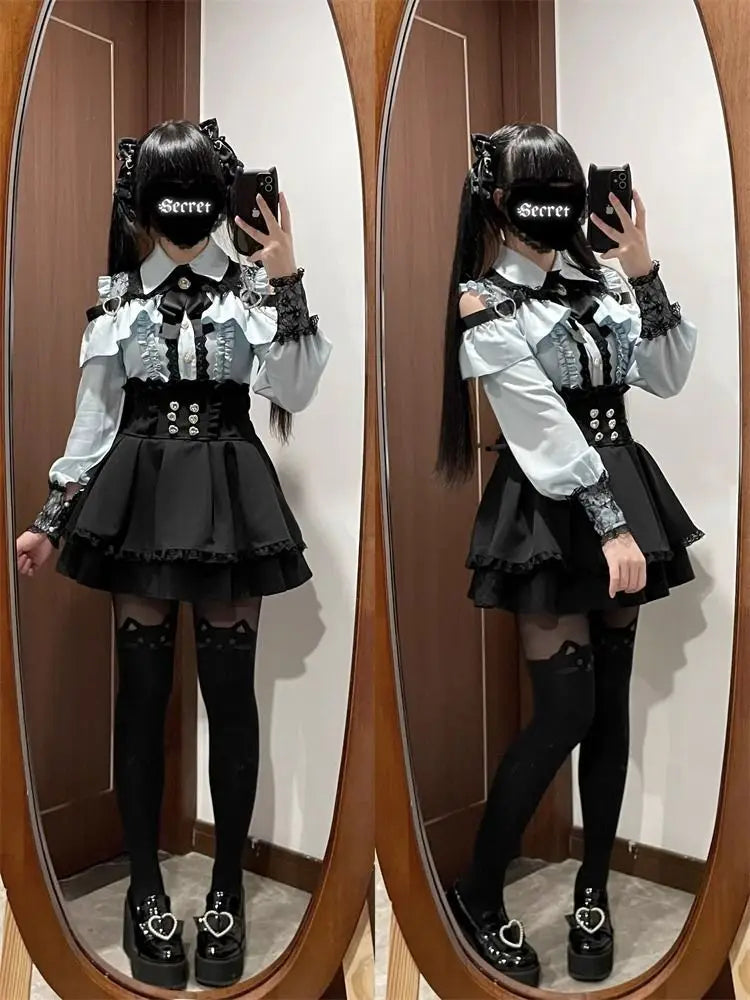 Gothic Women's Clothing Shirt Long Sleeve Lolita Blouse Japanese Bow Tie Sweet Cute Tops Design Streetwear Y2k Retro Blouse New