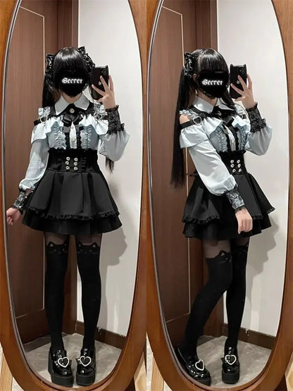 Gothic Women's Clothing Shirt Long Sleeve Lolita Blouse Japanese Bow Tie Sweet Cute Tops Design Streetwear Y2k Retro Blouse New