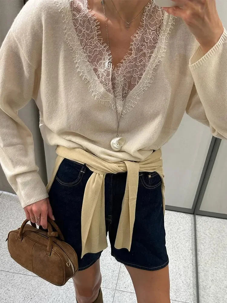 Women Fashion Lace Pullovers Elegant Long Sleeves Chic V-neck Solid Slim Knitwear 2025 Autumn Winter Daily Commute Outerwear