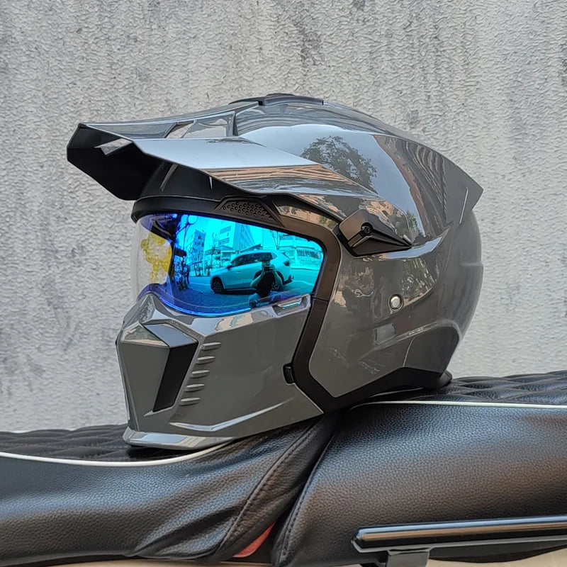 ORZ Street Fighter Combination Helmet Motorcycle Helmet Men's and Women's Retro Full Helmet Four Seasons Detachable DOT