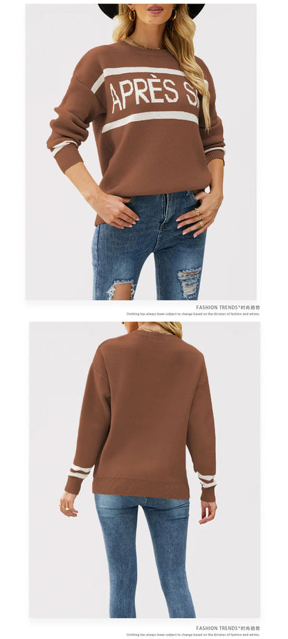 Women's Autumn and Winter New Crew-neck Monogram Jacquard Patchwork Pullover Sweater, Fashion Casual Spell Color Knit Sweater