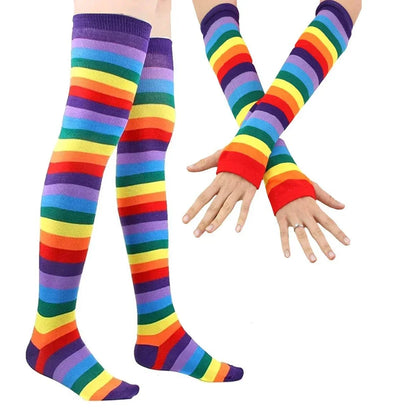 TRALOW Womens Socks Striped Knee High Socks Arm Warmer Fingerless Gloves Set Costume Accessories for Cosplay Christmas Punk