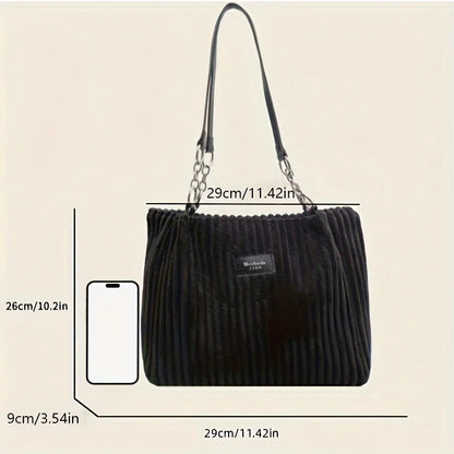 Large Capacity Corduroy Tote Bag Chain Handbag Shoulder Bag for Women, Polyester Lining, Zip Closure, Black, Beige, Khaki, Green