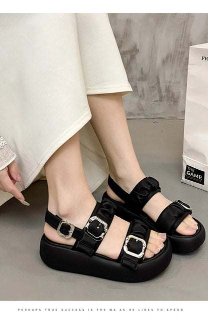 Designer's One Word Buckle Thick Bottom Women's Sandals Luxury Women's Shoes Round Head Fish Mouth Shoes Sponge Bottom Sandals