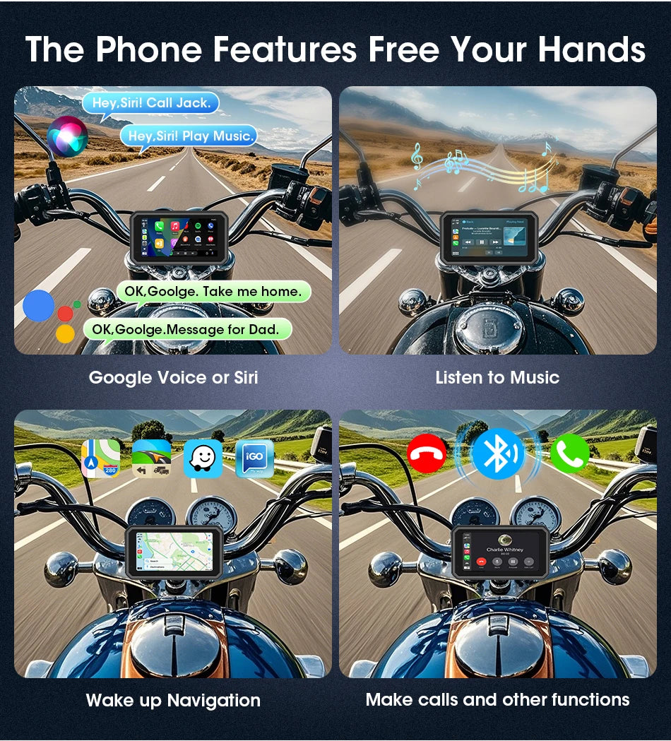 JMCQ Portable 6.25 inch Motorcycle GPS Navigation IPX7 Waterproof Wireless CarPlay Android Auto Drive Recorder Support 4K DVR
