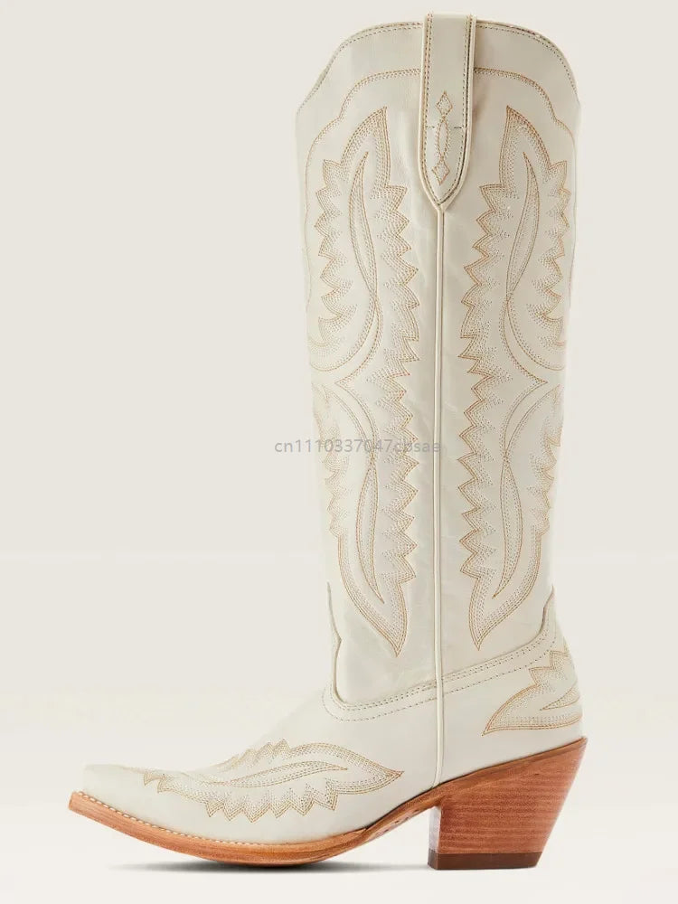 Women Western Cowboy Style Boots Pointed Thick High Heels Knee Length Embroidered Boot Autumn Block Heel Retro Casual Shoes