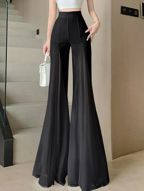 White mesh fishtail flared pants women summer thin design high waist hanging feeling elegant chiffon wide leg casual pants