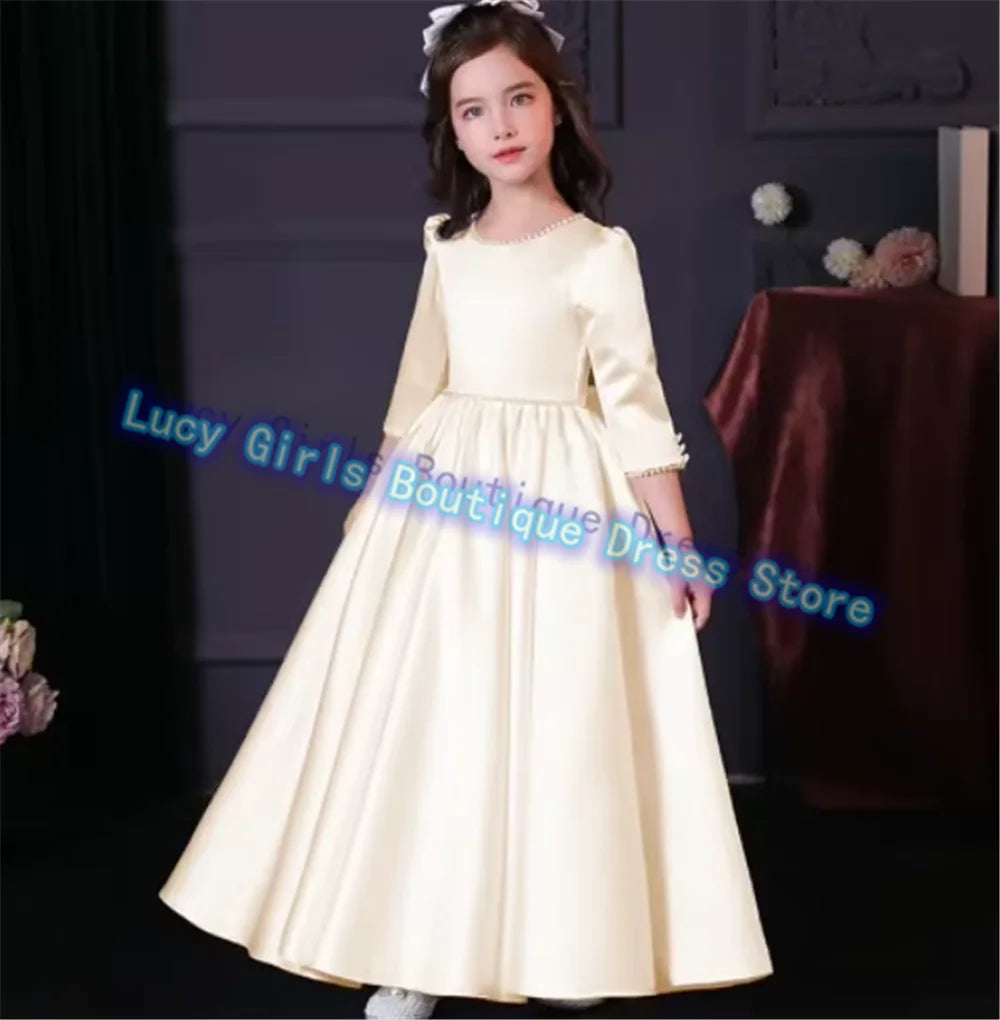 Lovely White Satin Flower Girl Dress for Wedding Dresses Little Princess Bow Kids Birthday Party Evening Customise Gowns