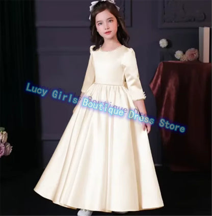 Lovely White Satin Flower Girl Dress for Wedding Dresses Little Princess Bow Kids Birthday Party Evening Customise Gowns