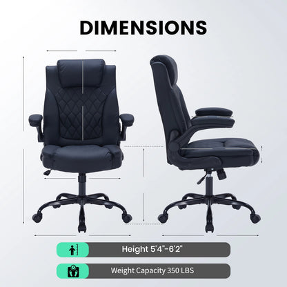 Heavy-Duty Leather Executive Office Chair Ergonomic Desk Chair with Lumbar Support, Flip-Up Arms, Tilt Lock & Swivel Wheels