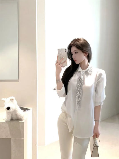 2025 Women's White Shirt New Spring Autumn Crystal Beading With Necktie Chiffon Shirt Female Blouses Ladies Tops Women Clothing
