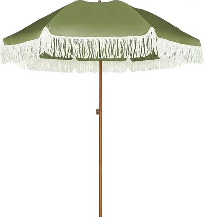 #For 7ft Patio Umbrella with Fringe Outdoor Tassel Umbrella UPF50+ Premium Steel Pole and Ribs Push Button Tilt,  Gazebo&