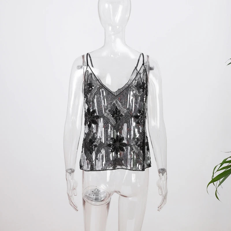 Sexy Sequins Beaded Camisoles Women Glitter Sleeveless Backless Pleated Sling Crop Tops 2026 Spring Summer Club Party Tank Lady
