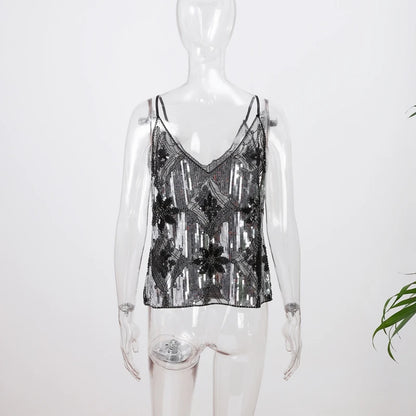 Sexy Sequins Beaded Camisoles Women Glitter Sleeveless Backless Pleated Sling Crop Tops 2026 Spring Summer Club Party Tank Lady