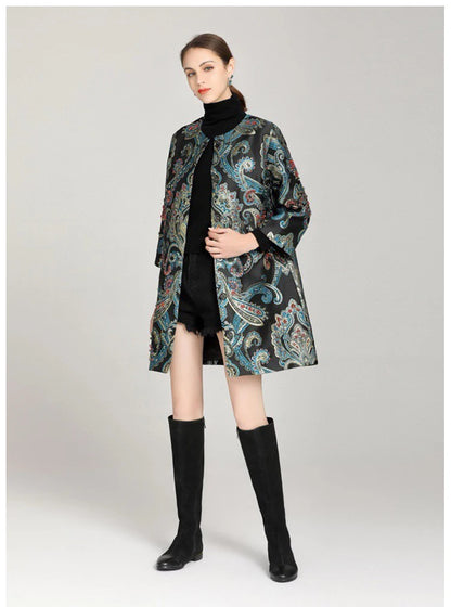 Elegant Embroidered Jacquard Trench Coat for Women 2025 | Round Neck Mid-Length Jacket | European Style Spring Fall Outerwear