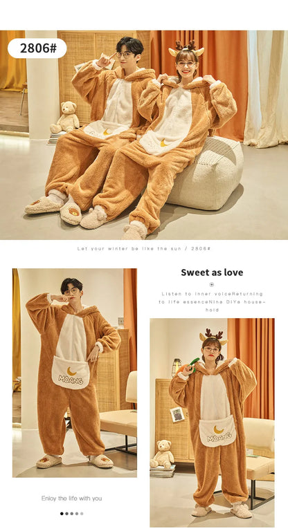 Kigurumi Adults Winter Sleepwear Women Men Pajamas Animal Onesie Thicken Couples Pijamas Cartoon Night Wears For Women Homewear