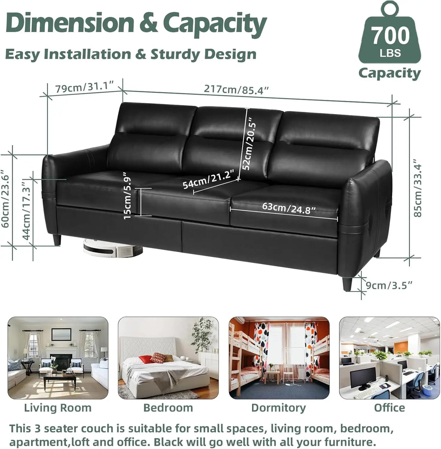 [New Arrival!]85” Black Faux Leather Couch with USB, 3 Seater Sofa Couches for Living Room, Large Mid Century Modern Office Apar