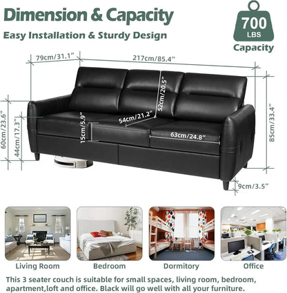 [New Arrival!]85” Black Faux Leather Couch with USB, 3 Seater Sofa Couches for Living Room, Large Mid Century Modern Office Apar