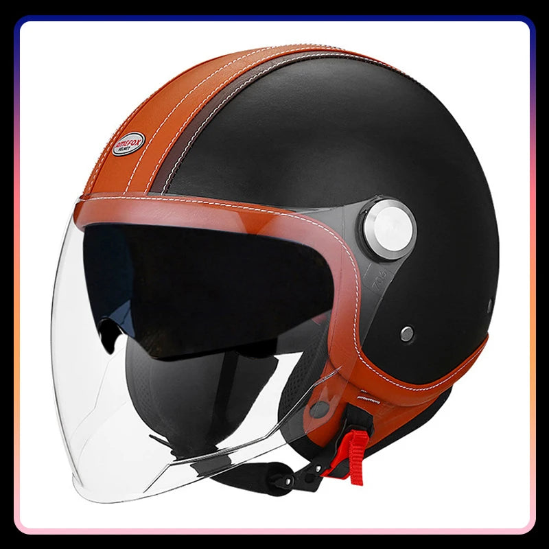 DOT Open Face Motorcycle Helmets Double Visor Retro Jet Helmet Leather Vintage Men Women 3/4 Open Half Helmet with Inner Lens